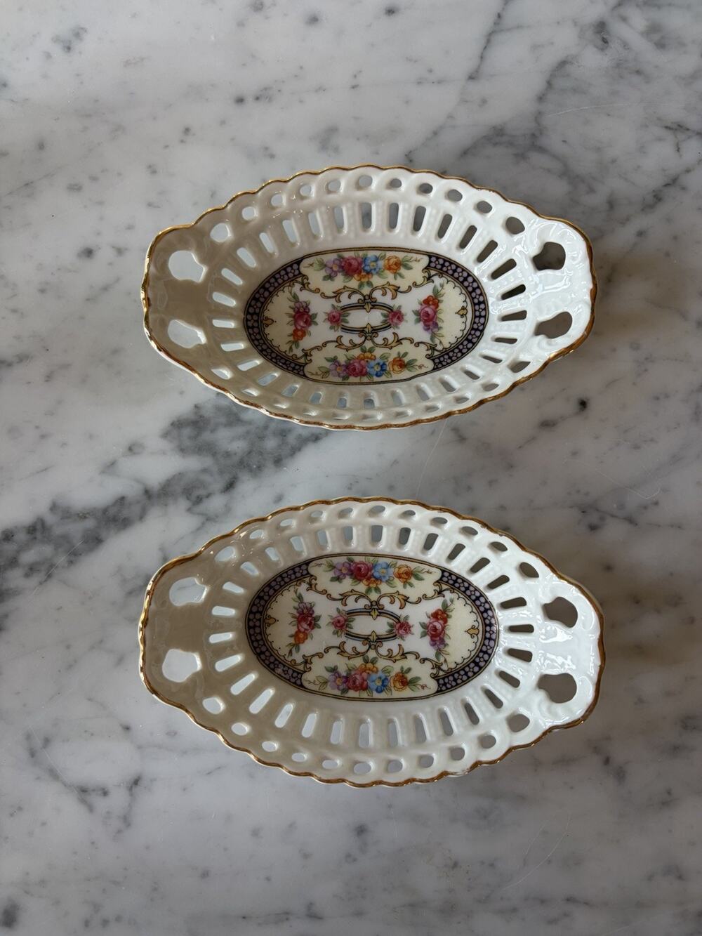 Pair Germany Porcelain Floral Oval Candy Ring Dishes Decorative White Weave